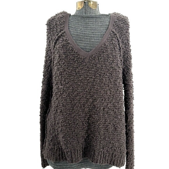 Free People Songbird Oversized Chunky Knit‎ V-Neck Sweater Brown Medium Weight - Picture 2 of 10